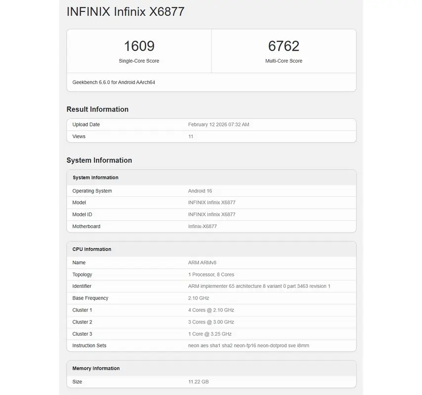 Pontuações Geekbench do Infinix Note 60 Ultra revelam Dimensity 8400