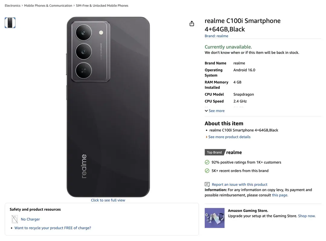 Listagem do Realme C100i na Amazon